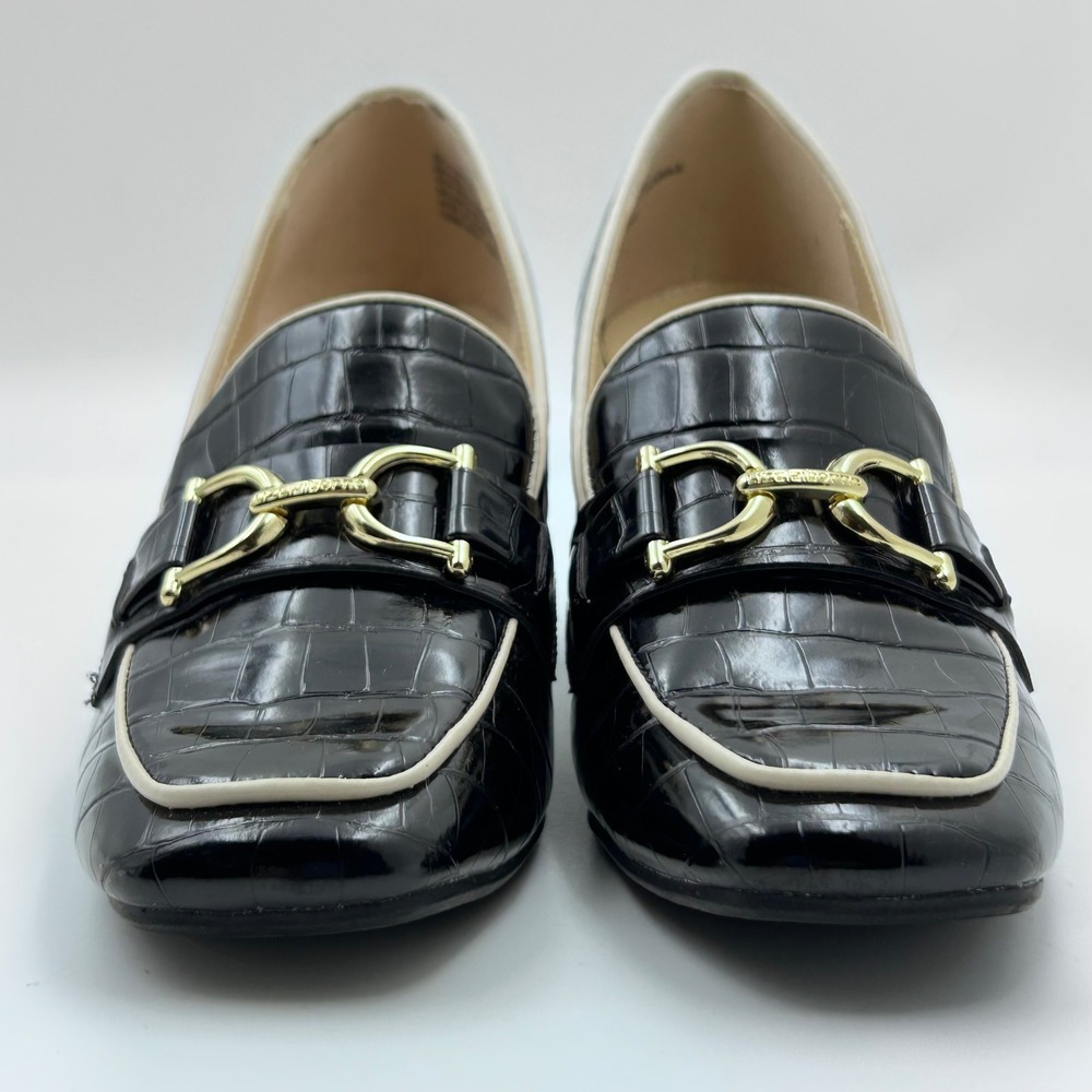 Liz Claiborne Heeled Loafers 7 Black Croc Embossed Horsebit Preppy Officecore - Picture 3 of 10